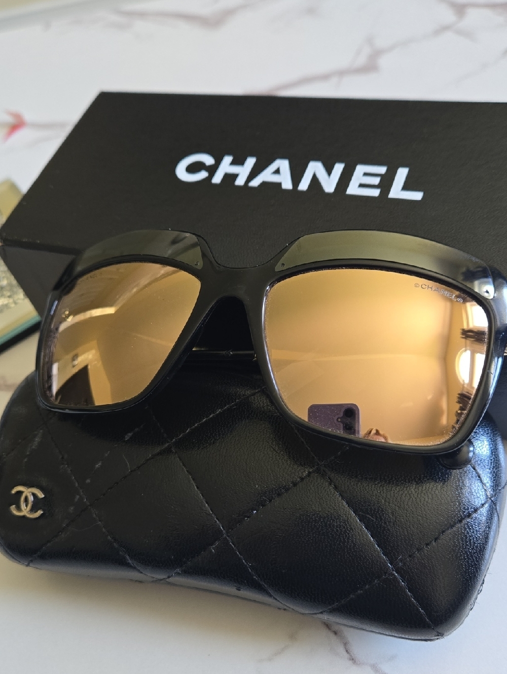 CHANEL Black Frame Sunglasses with Gold Mirrored Lenses 18k Gold Plate.